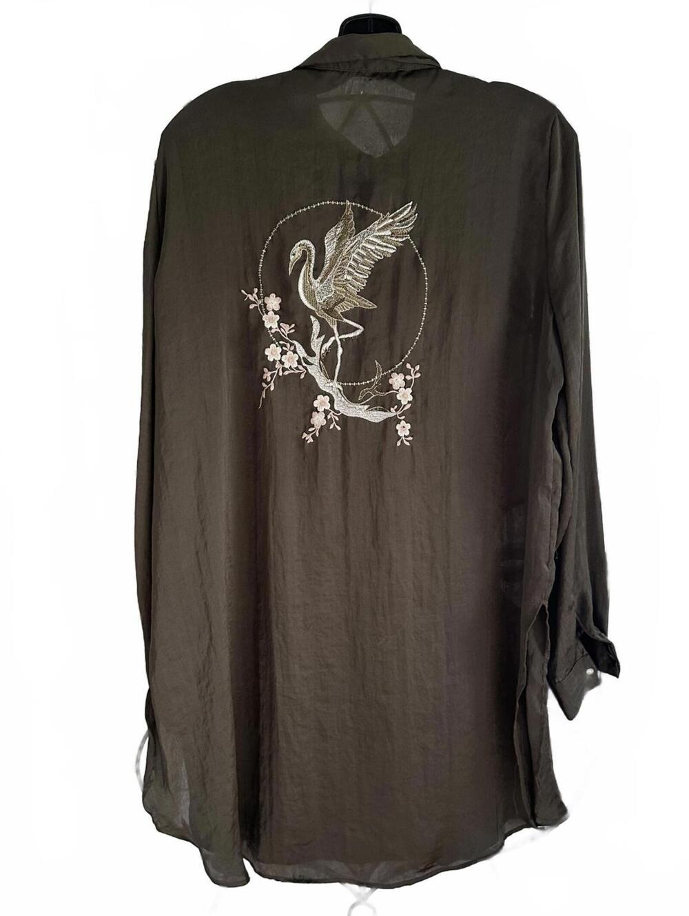 Zara Trafaluc Olive Green Embroidered Crane Tunic Shirt Oversized Top - L - Picture 5 of 9